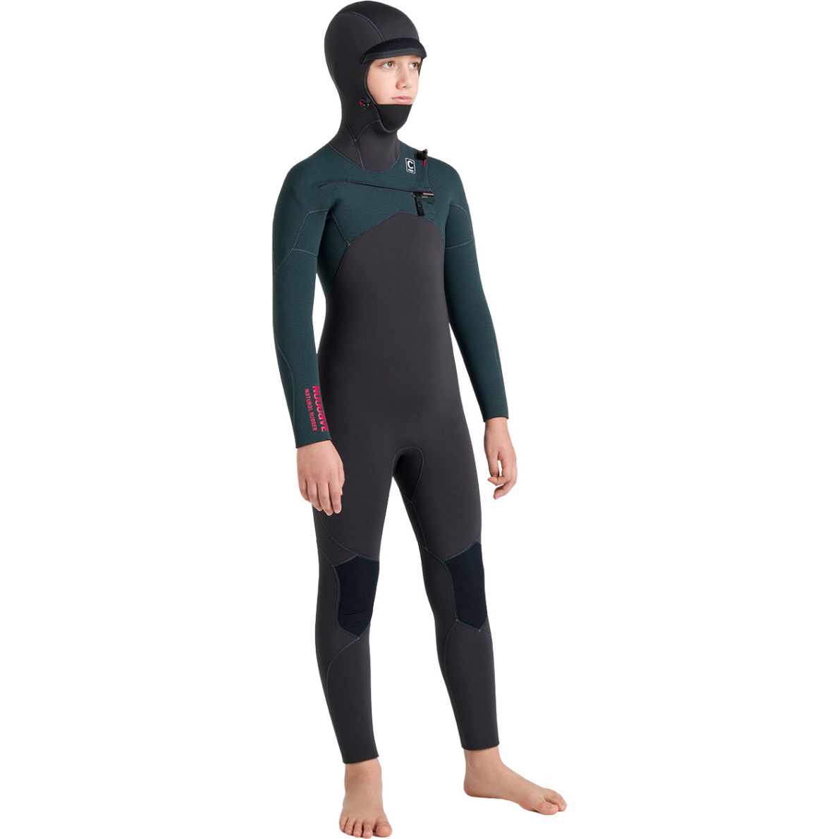 2026 C-Skins Junior Nuwave Session 5/4mm Hooded Wetsuit CSE54JH - Meteor / Forest Green / Red